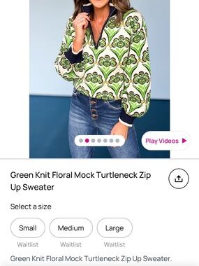 THML Green Floral Mock Turtleneck Zip Sweater